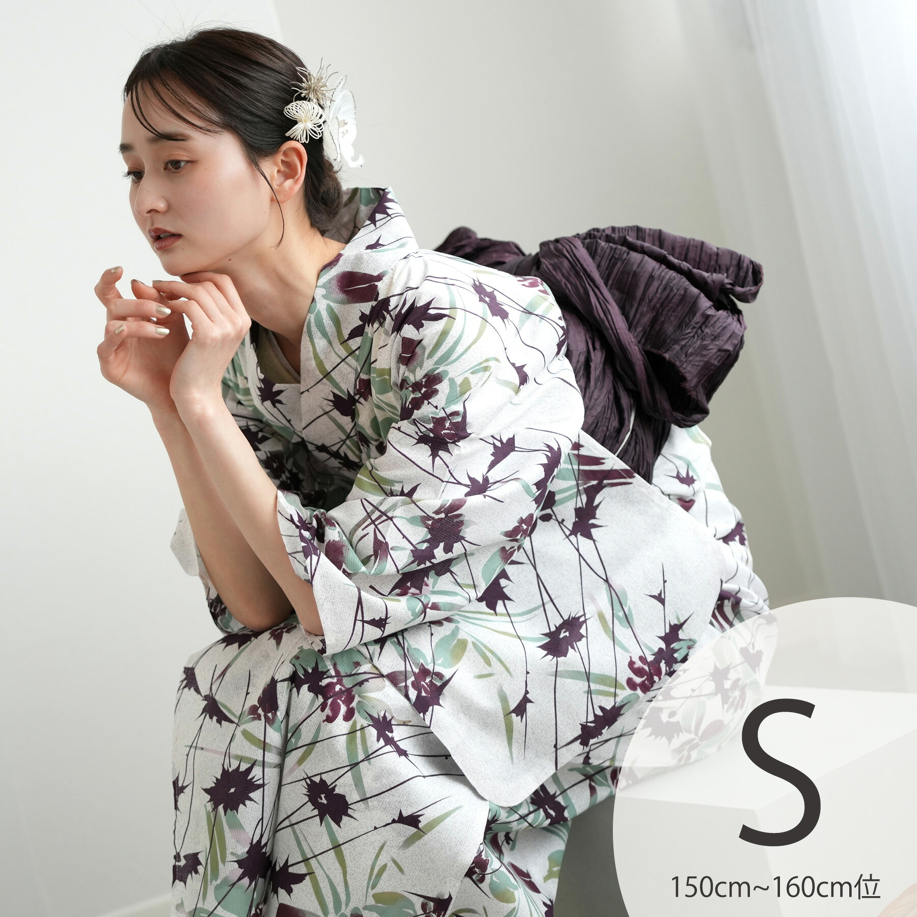 【utatane 高級変わり織 浴衣3点セット 杢グレージュに上品菖蒲とアザミ】ここでしか買えない昭和初期アンティーク復刻版 プチサイズ（150-160cm）Sサイズ 浴衣セット（ゆかた・帯・下駄）うたたね 上質 国産生地 国内染色 低身長コーデ