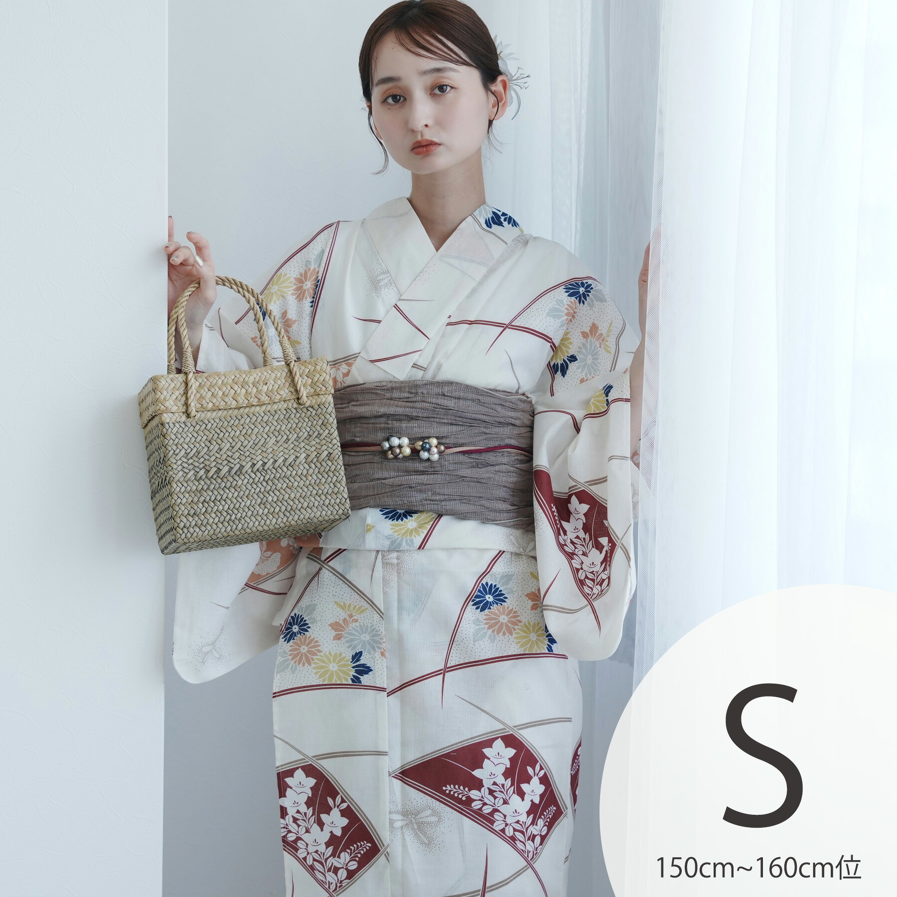 【utatane 高級変わり織 浴衣3点セット クリームに露芝紋の古典花】ここでしか買えない昭和初期アンティーク復刻版 プチサイズ（150-160cm）Sサイズ 浴衣セット（ゆかた・帯・下駄）うたたね 上質 国産生地 国内染色 低身長コーデ