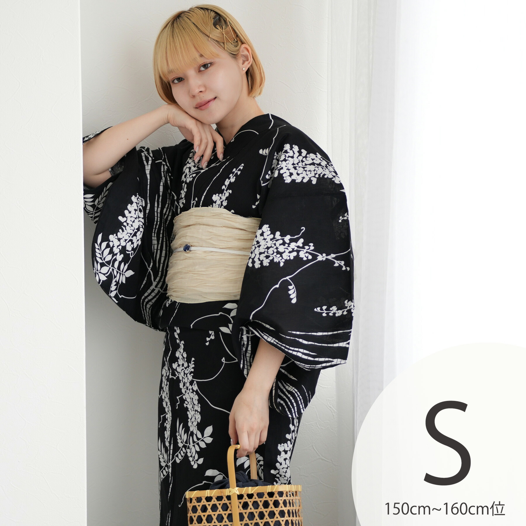 【utatane 高級変わり織 浴衣3点セット 黒地に白のしだれ藤と縞絞り柄】ここでしか買えない昭和初期アンティーク復刻版 プチサイズ（150-160cm）Sサイズ 浴衣セット（ゆかた・帯・下駄）うたたね 上質 国産生地 国内染色 低身長コーデ
