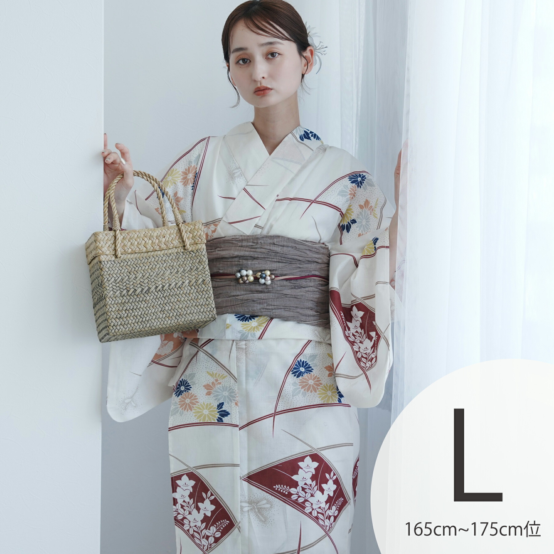 【utatane 高級変わり織 浴衣3点セット クリームに露芝紋の古典花】ここでしか買えない昭和初期アンティーク復刻版 トールサイズ（165-175cm）Lサイズ 浴衣セット（ゆかた・帯・下駄）ですぐお出かけ うたたね 上質 国産生地 国内染色