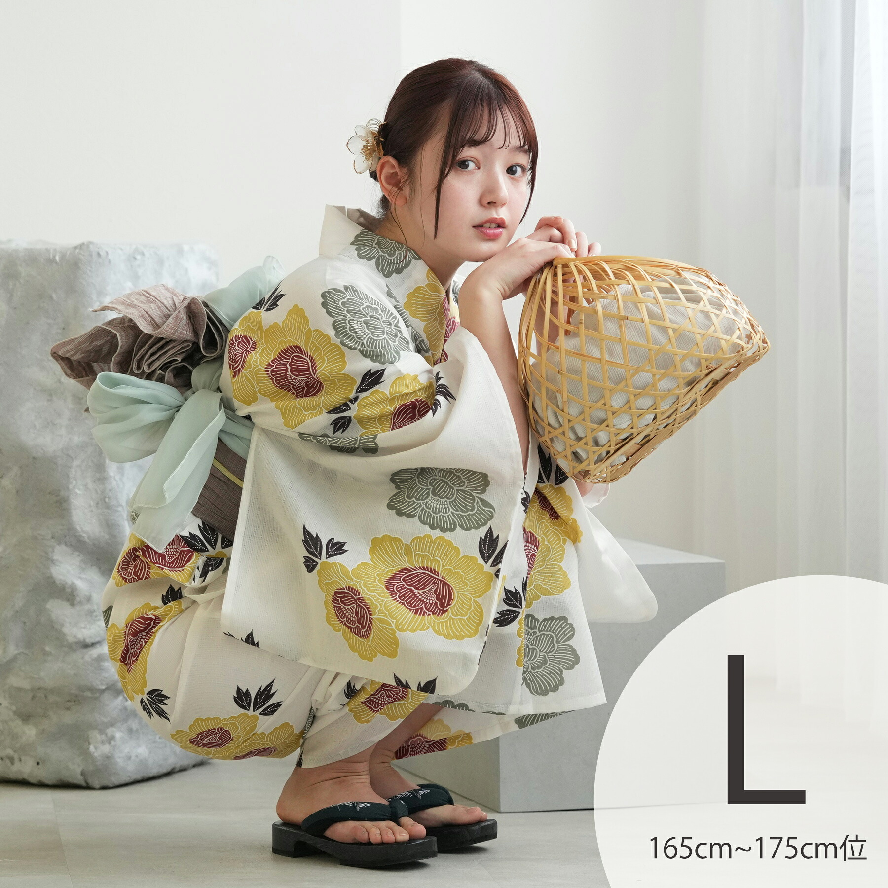 【utatane 高級変わり織 浴衣3点セット くちなし色と翡翠色の牡丹】ここでしか買えない昭和初期アンティーク復刻版 トールサイズ（165-175cm）Lサイズ 浴衣セット（ゆかた・帯・下駄）ですぐお出かけ うたたね 上質 国産生地 国内染色 10,639円