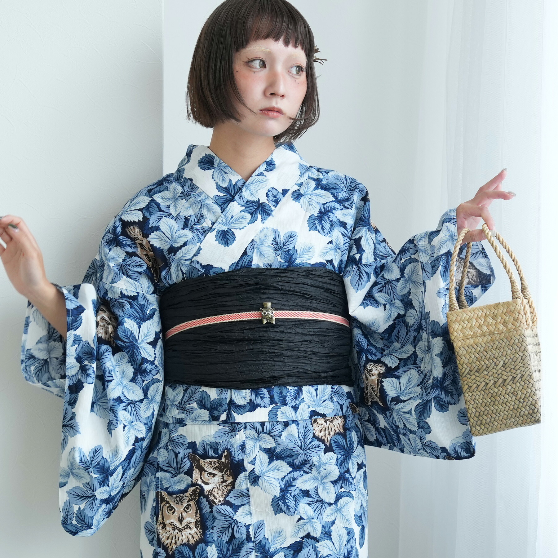 【ニコアンティーク セパレート高級変わり織 二部式浴衣3点セット 梟の森　宵】みんなと違う浴衣を着よう！個性派きものブランドNicoAntique フリーサイズ 浴衣セット（ゆかた上下・帯・下駄） 大正浪漫 レトロ 国産生地 国内染色