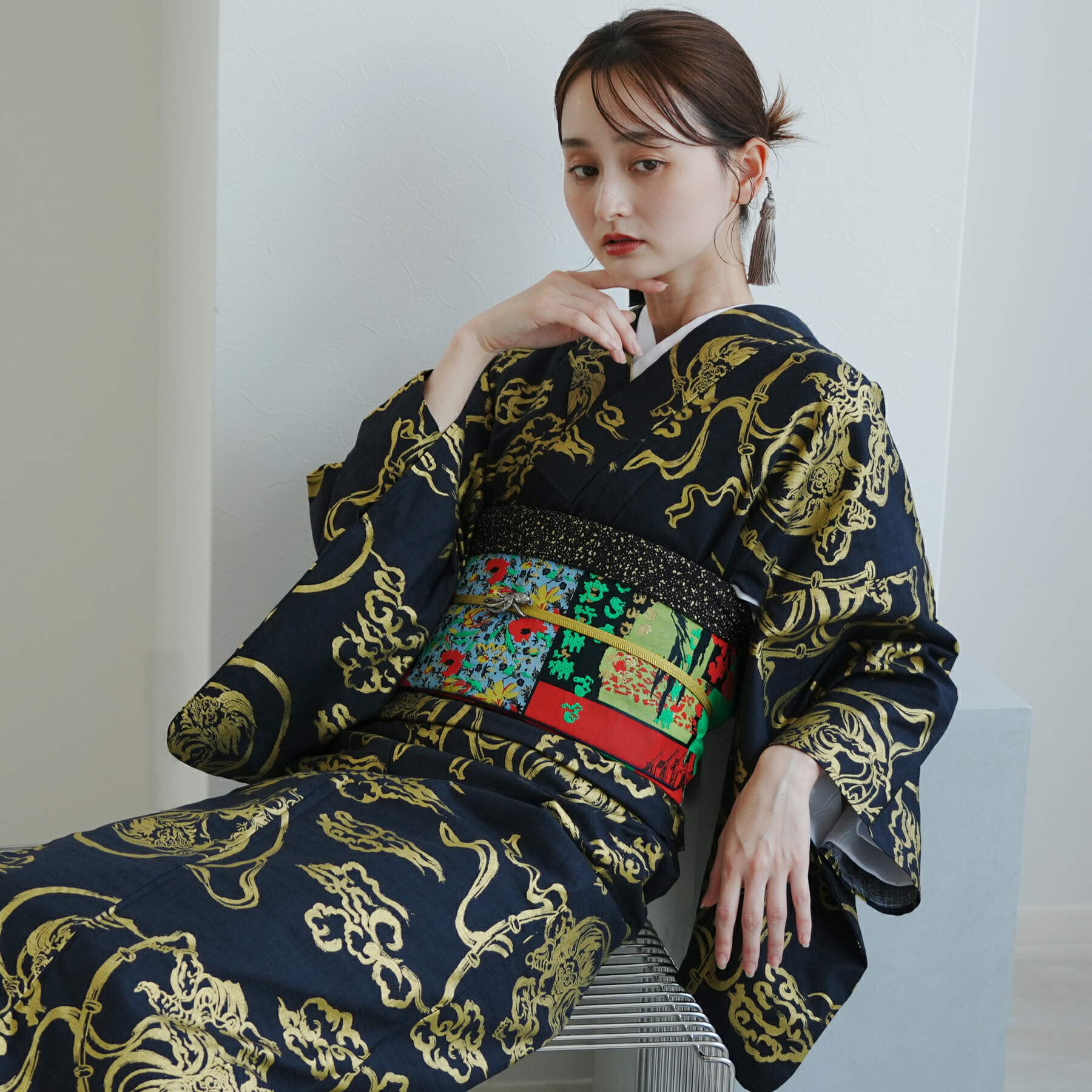 楽天市場】【ニコアンティーク 着物＋帯 2点セット 黒の青海波に金魚と