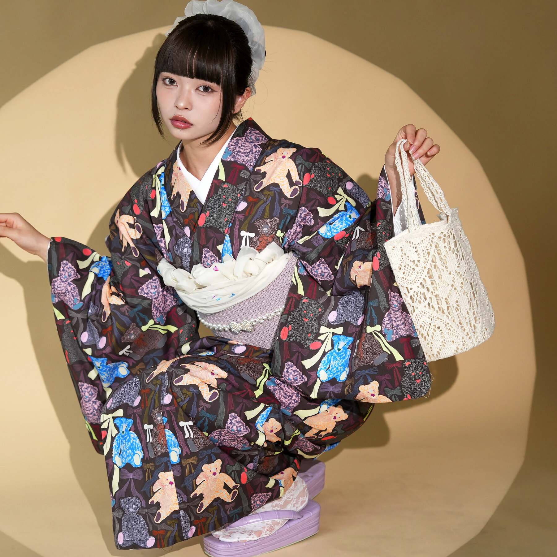 ［ニコアンティーク公式］着物 単品 洗える着物 単衣着物 レトロ レディース 個性的 モダン 街着 ひとえ カジュアル 女性 日本製 国産 ファブリック着物 春 夏 秋 浴衣（ゆかた）としても 【ロストテディ】｜ニコアンティーク