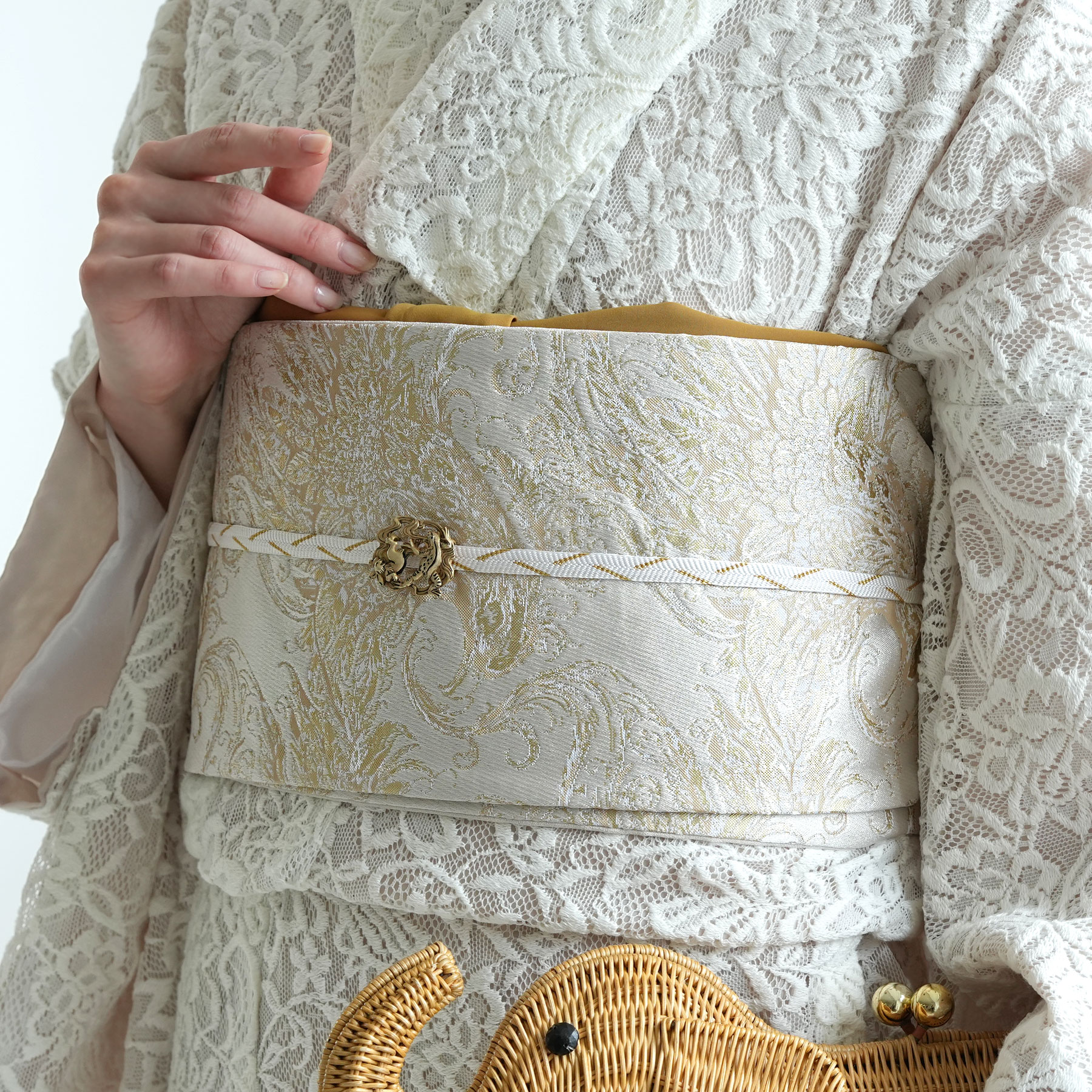 【ニコアンティーク 細帯 鳳凰】半幅帯 単品 数量限定 浴衣 着物 小紋 生成り アイボリー ベージュ 金 金襴 日本製 女性 レディース 個性的 お洒落 カジュアル カッコいい 大人 動物柄