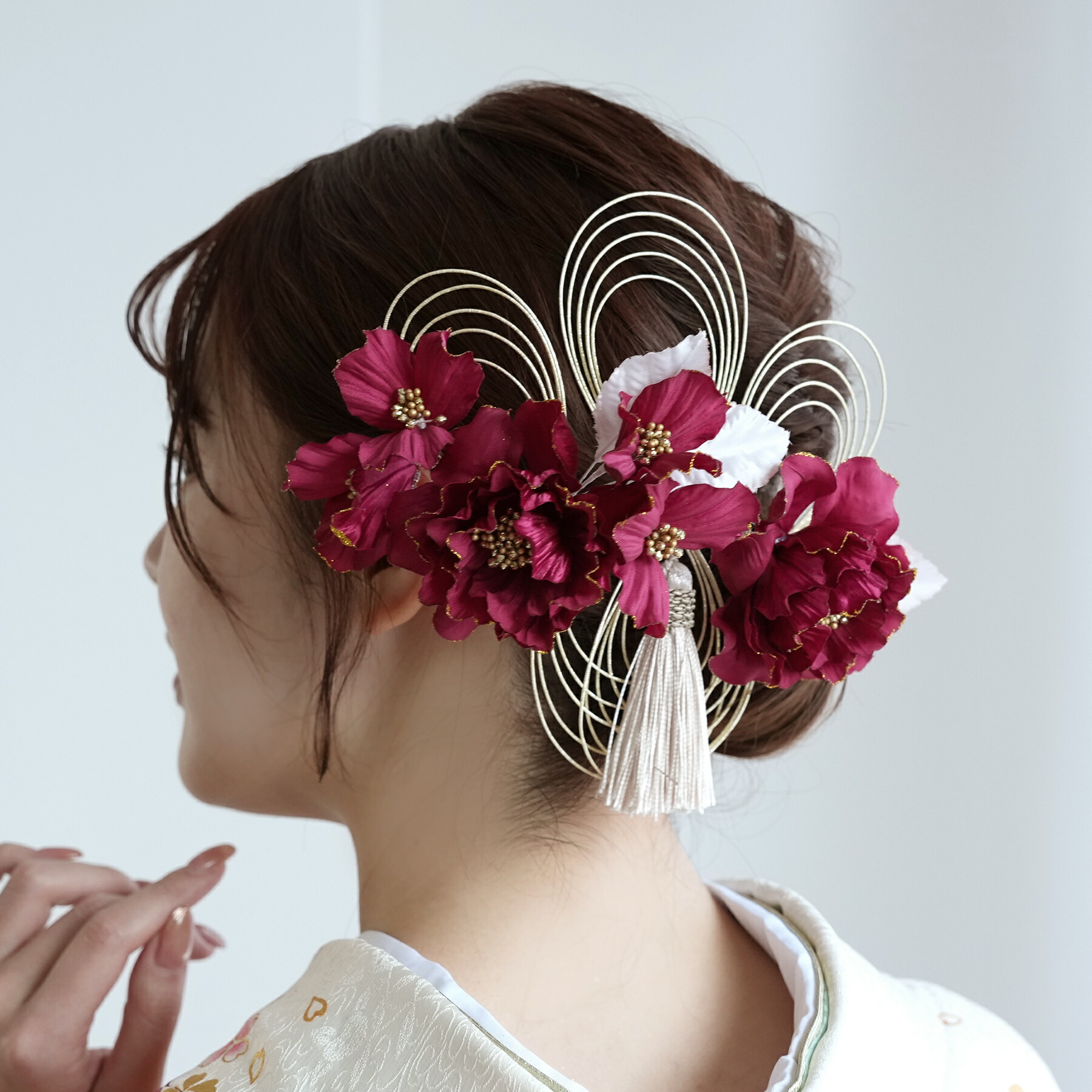 【髪飾り 牡丹＆水引＆タッセル Uピン5点セット】 花 ヘアアクセ 大正ロマン レトロ アンティークカラー 振袖 袴 成人式 卒業式 前撮り ヘアメ ヘアアレンジ 日本製 国産
