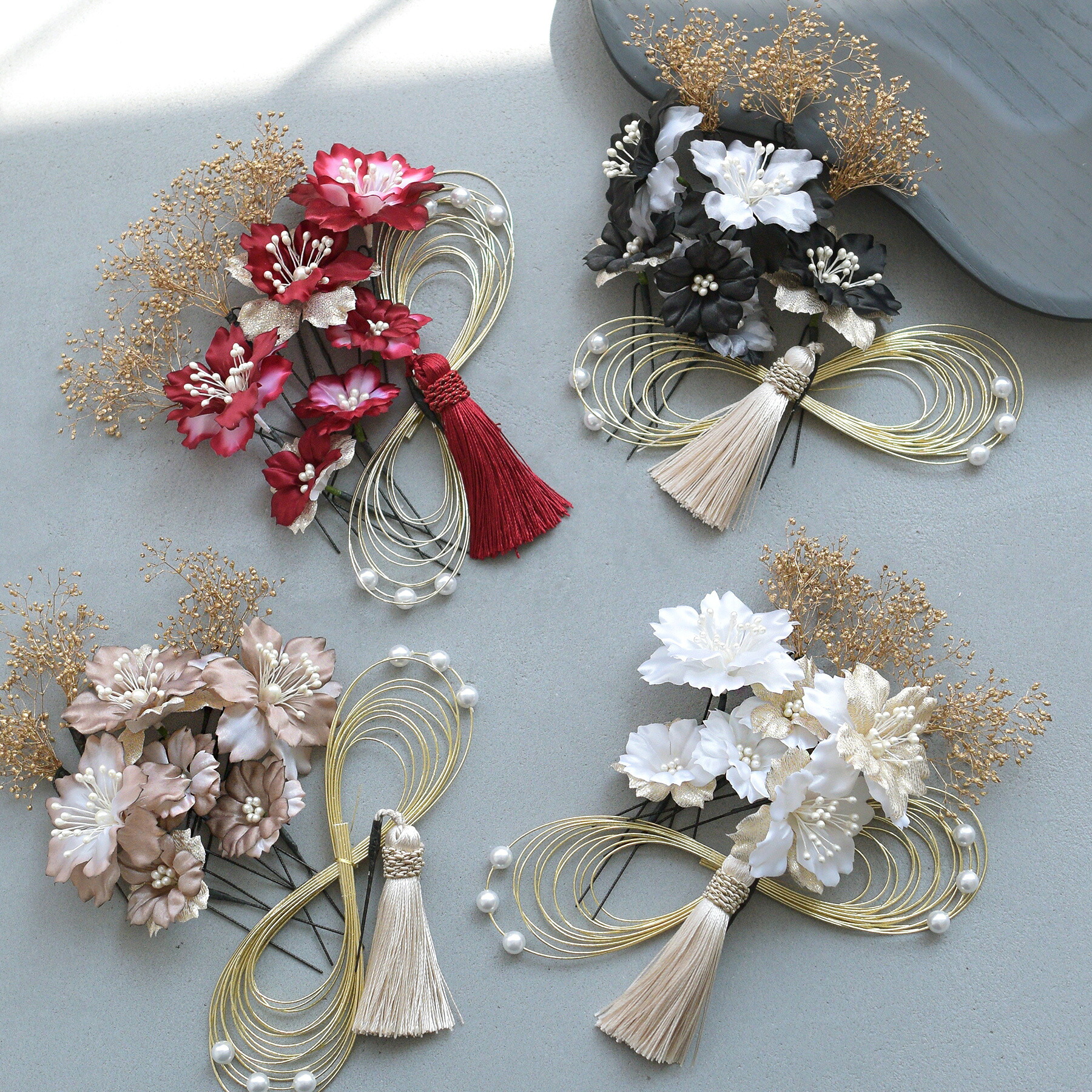 【髪飾り パール水引に桜花かすみ草 Uピン11点セット】 ヘアアクセ 赤 ホワイト 白 ベージュ 黒 ブラック 金 ゴールド ドライフラワー タッセル 大正ロマン レトロ 振袖 袴 成人式 卒業式 前撮り ヘアメ ヘアアレンジ 日本製 国産
