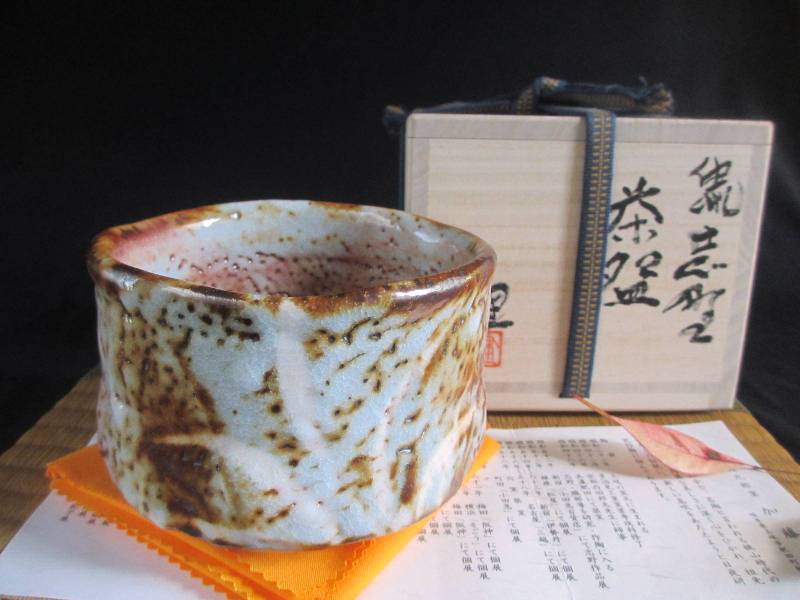 茶碗 ■ 源九郎窯 加藤健作 鼠志野 草文 茶碗（共箱） 差し上げ物 和食器
