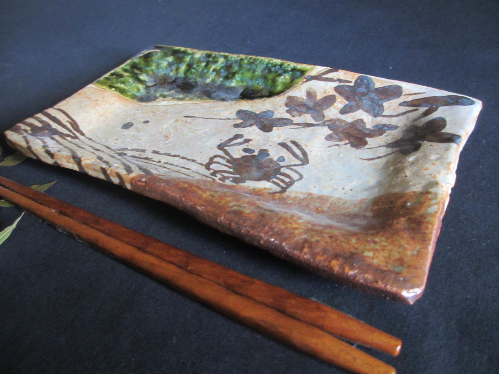 織部焼　佐藤和次作　四角皿4点 楽天市場】角皿 □ 佐藤和次作/織部椿文 角皿 ギフト 和食器