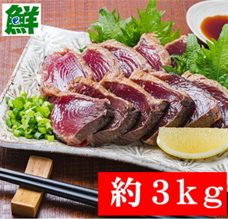 鹿児島枕崎産 かつおたたき ワラ焼【業務用】 【3.0ｋｇ】 送料無料 かつお公社【タレ付き】 冷凍  お刺身用  ギフト 贈答 お取り寄せ 鹿児島特産   臭みなし 本場鹿児島 人気  かつお藁焼き カツオたたき 藁焼き 鮮度抜群 鮮ど市場 脂 ブロック 柵 たれ付 枕崎 お祝い