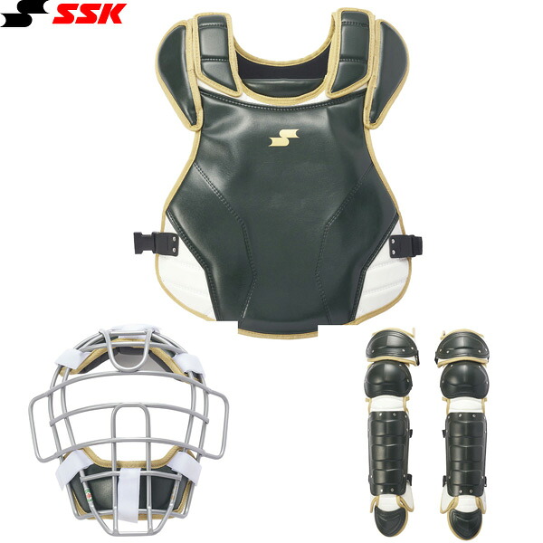 SSK　軟式・ソフト兼用　キャッチャー防具3点セット/ CGSET26NSF-5138（ダークグリーン/ゴールド）｜鮮一　店