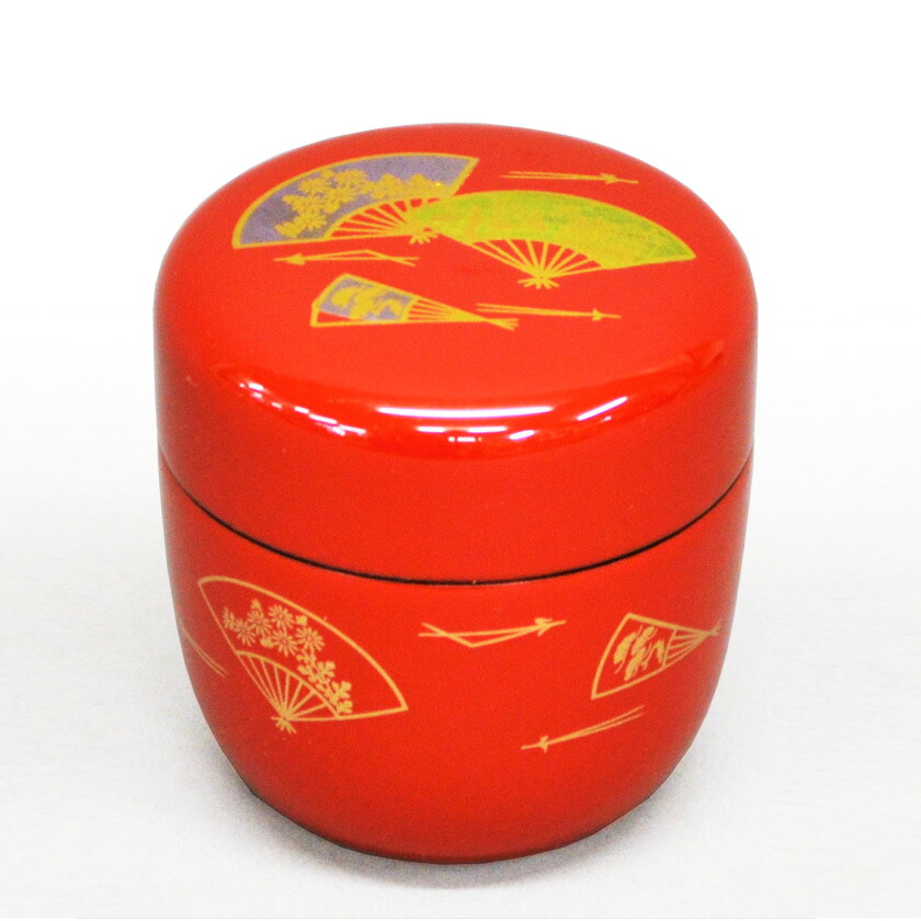 ポイント3倍以上（カード利用） 茶道具 棗（なつめ） 中棗 扇面 木製 湖彩●中棗の色を「イ.黒」「ロ.朱」からお選びください。●写真は朱の棗です。｜お茶・茶道具・抹茶スイーツ千紀園