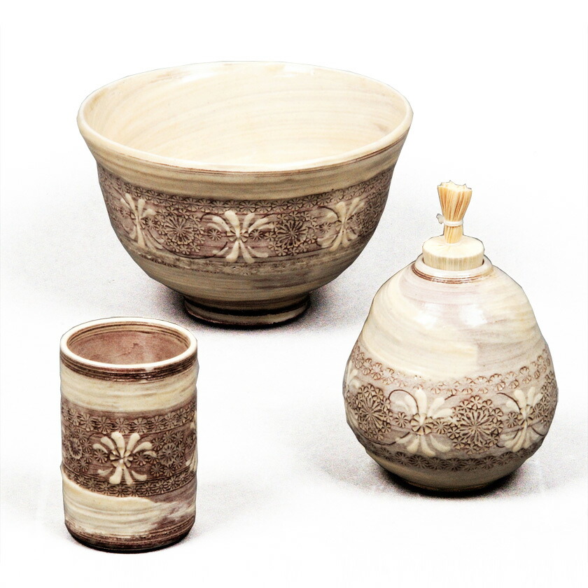 ポイント3倍以上（カード利用） 茶道具 三点セット（茶碗・振出・茶巾筒） 陶器 三点セット 紫三島 刷毛目 陶楽 25,441円