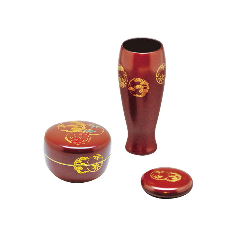 ポイント3倍以上（カード利用） 茶道具 三点セット（棗・香合・茶筅筒） 塗 三点セット 古代朱 花丸（樹脂製）