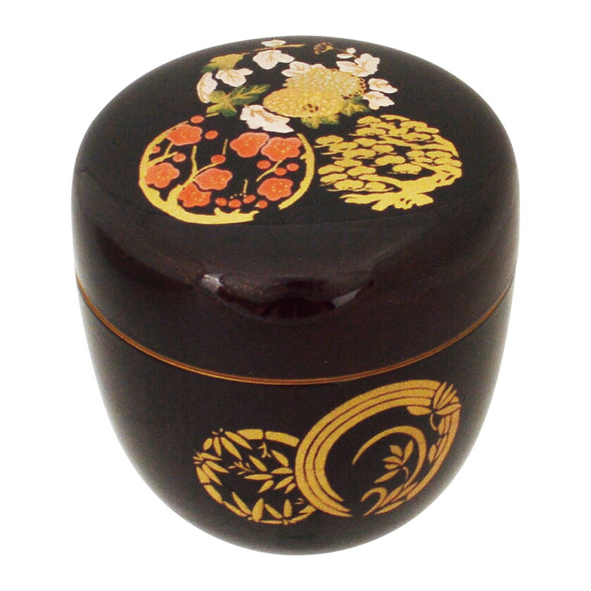 尖んがり3倍以上（歌留多当て嵌める） 茶道具 うす茶色器（うすちゃき） 溜漆中棗 花丸蒔絵 （内梨子地） 脂製 東雲