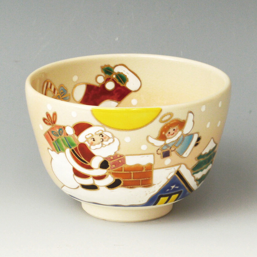 茶道具 抹茶茶碗（まっちゃちゃわん） 茶碗 色絵 サンタと天使 加藤 起楽 クリスマス Xmas Christmas 聖誕節