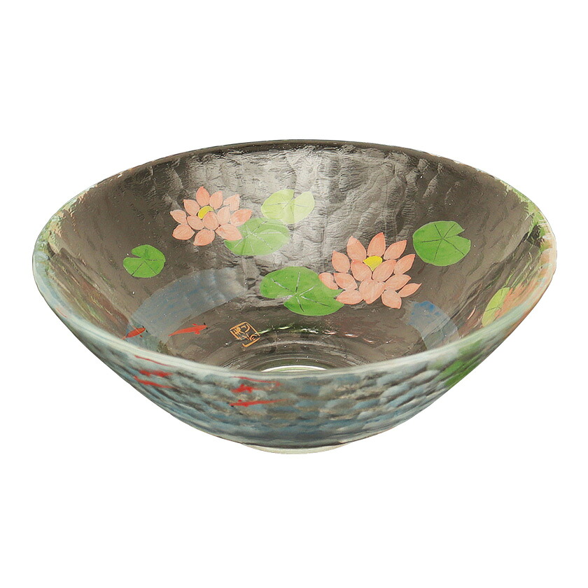 ポイント3倍以上(カード利用) 茶道具 平茶碗(ひらちゃわん) ガラス平茶碗 蓮にメダカ 【耐熱】 小手鞠窯|お茶・茶道具・抹茶スイーツ千紀園