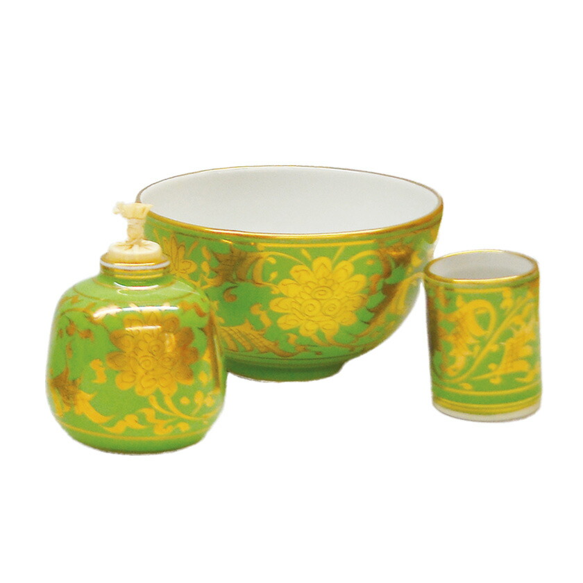 茶道具 三点セット（茶碗・振出・茶巾筒） 緑地金襴手 三ツ揃 手塚 祥堂｜お茶・茶道具・抹茶スイーツ千紀園