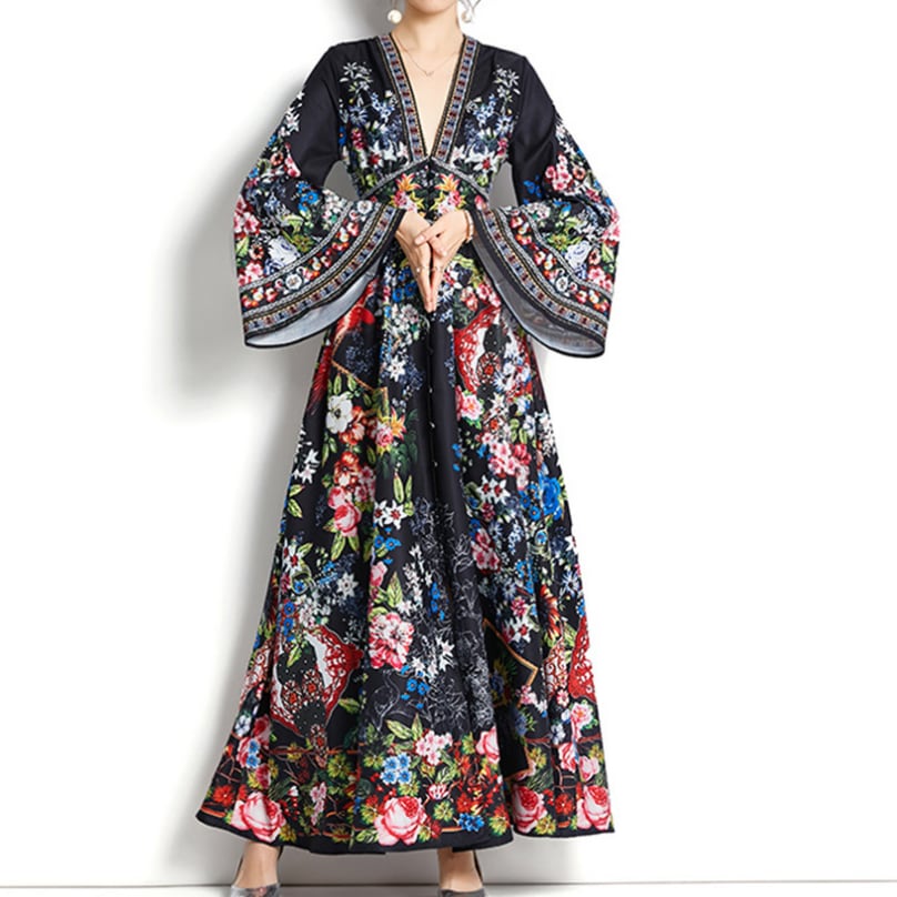 ワンピース 上着 人気 おすすめ おしゃれ お洒落 激安 安い 送料無料 プチプラ 長袖 可愛い プリント ロング Vネック 柄 ふんわり ボヘミアン オーバーサイズ シフォン エスニック Aライン