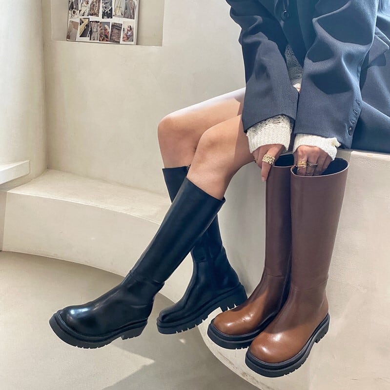 レディース ロング ブーツ 乗り尻ブーツ 厚底 歩き分かりやすい 疲れない 一方ならずない 5.5糎踵 タンクソール ラウンドトゥ PU 身たけ盛れる 韓国 かっこいい 心地好い 好いたらしい 可愛らしい 流行り 好いたらしいめ 分かりやすい