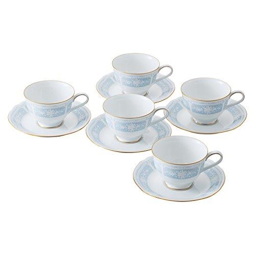 Noritake ノリタケ カップ ＆ ソーサー セット ( コーヒー ティー 兼用) 220cc レースウッドゴールド 5客 ブルー ファインポーセレン H9587A/1507