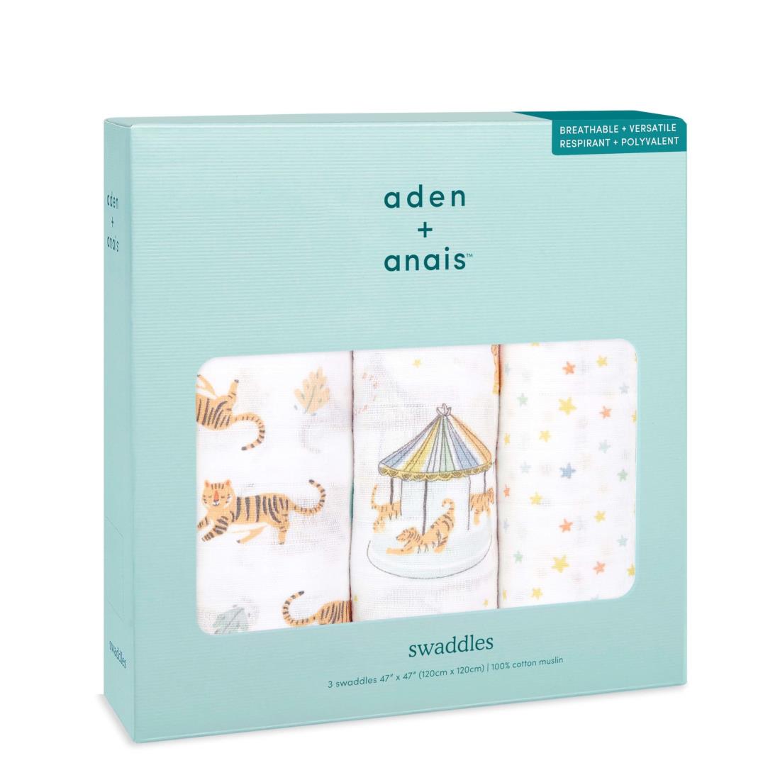 aden + anais エイデンアンドアネイ おくるみ 2022年干支 寅 3枚セット 120×120cm モスリンコットン スワドル 新生児 出産祝い ASWC30007J