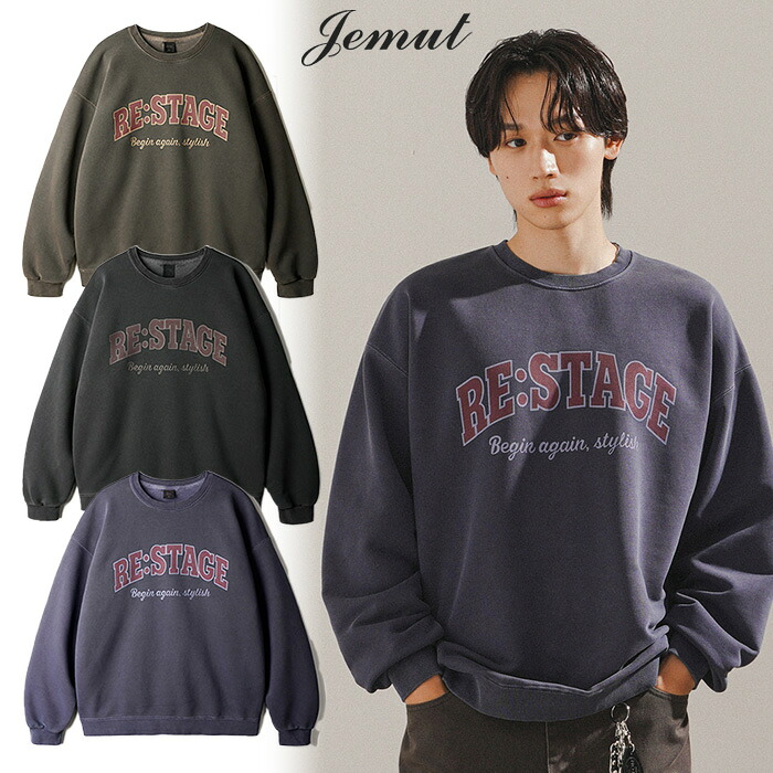 【購入特典Tシャツ付き！】 JEMUT トレーナー 長袖 RE:STAGE PIGMENT SWEATSHIRTS KHMT2656 ☆ トップス プルオーバー スウェット コットン 英字プリント ポイント メンズ レディース 春 秋 冬 韓国 韓国ファッション 韓国ブランド ジェモッ 【送料無料】