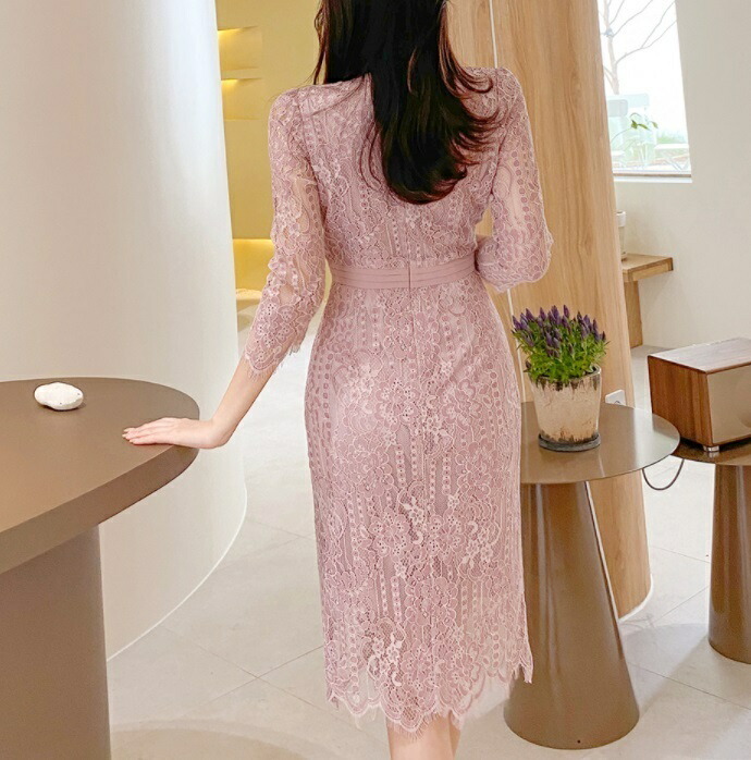 輝く高品質な 送料無料 レースドレス 七分袖 膝下タイトワンピ パーティー 結婚式 ２色 韓国ファッション 卒園 入園 卒業 入学 式典 レースワンピース 韓国女子 大人女子 二次会 お呼ばれ 食事会 Party 膝丈ワンピース ひざ丈 膝丈ワンピ 総レース レディース エレガント