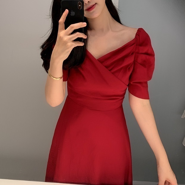 楽天市場 パーティードレス 無地 デコルテ カシュクール 結婚式 半袖 パフスリーブ パーティーコーデ ロングドレス 韓国女子 韓国ファッション 二次会 お呼ばれ Party ロングワンピース ロングワンピ レディース マキシ 大人女子 キレイめ きれいめ 可愛い かわいい