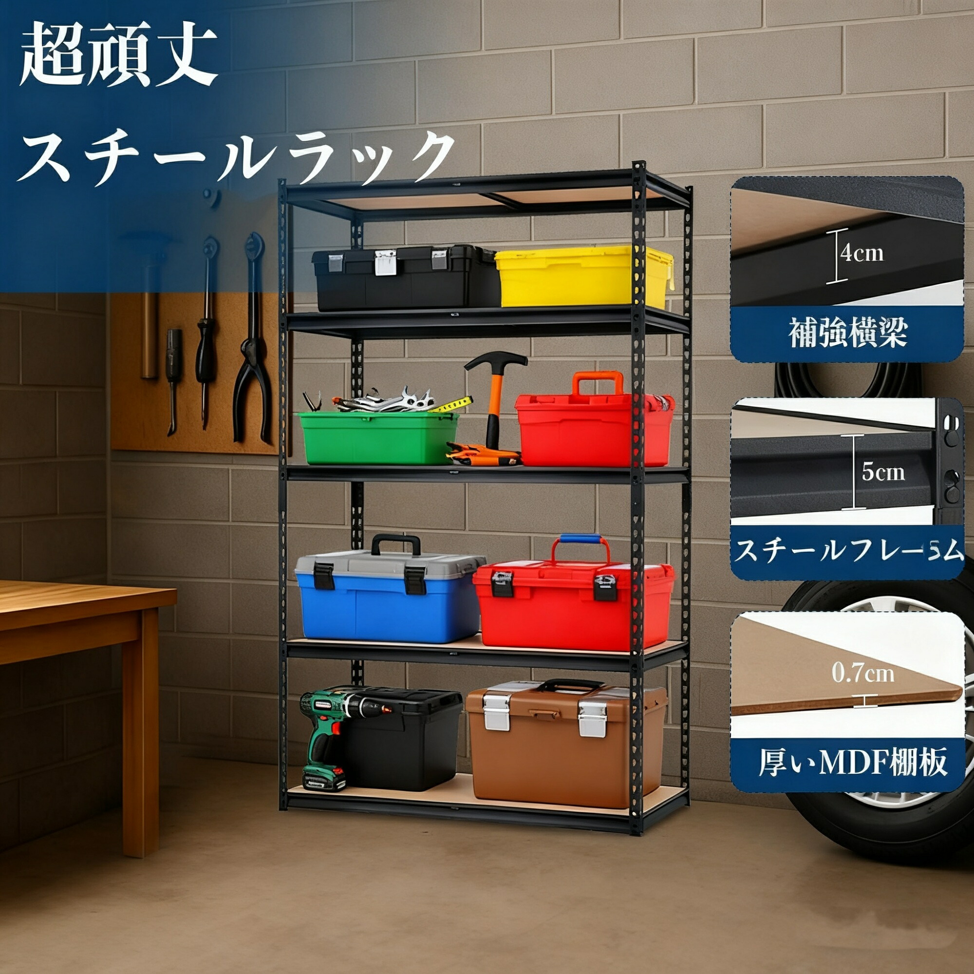 楽天市場】ゴリララック 5段収納スチールラック ブラック 頑丈 棚