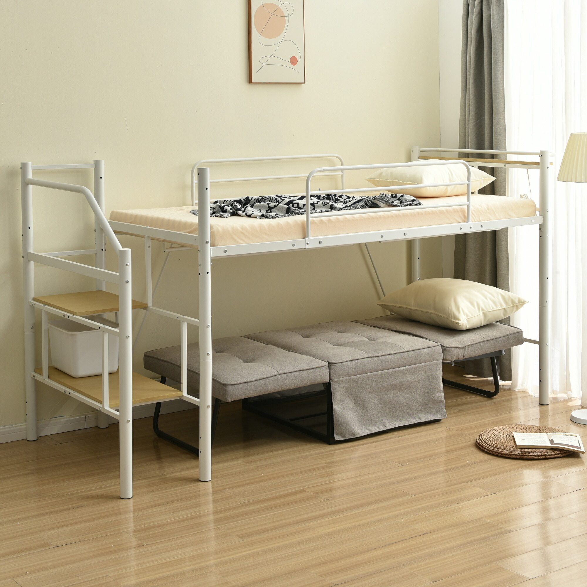 【マットレス付き】ロフトベッド パイプベッド シングル 耐荷重150kg 高さ130cm システムベッド ロータイプ 棚 収納 北欧風 大人 一人｜Seree Tech