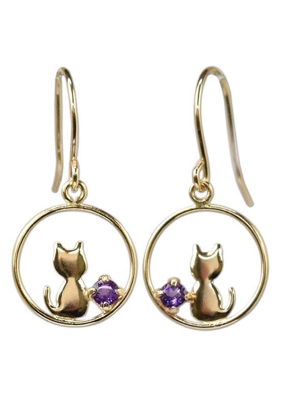 [四葉のクローバー] アメジスト 猫 フックピアス 10金 10k K10 イエローゴールド 2月 誕生石 ねこ ネコ ピアス キャット レディース 女性：Ma709｜Sereinserein