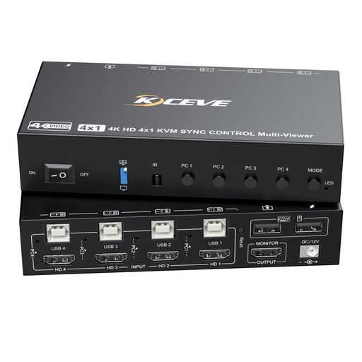 KCEVE 4K シームレスKVMスイッチ 4入力1出力 高速切替機能 1秒で瞬時に切り替え、ホットキー HDMI KVM切替器、キーボード マウスを4PCで共有、PC/Mac/Window/防犯カメラなど対応 画面分割モード付き｜Serene Beauty 店