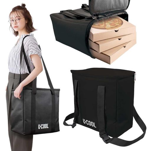U-COOL3WAY保冷温バッグクーラーボックス25Lピザバッグショルダーバッグ肩掛けカバンリュックスクバ買い物袋トートバッグファスナー付き行楽キャンプバーベキューアウトドア(ブラック)