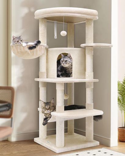 Globlazer キャットタワー ベージュ コーナ猫タワー 大型猫用 据え置 き 大型キャットハウス 特大ソフト展望台 ハンモック 吊り下げバスケット 天然麻紐爪とぎポール 転倒防止装置 優しい&hellip;｜Serene Beauty 店