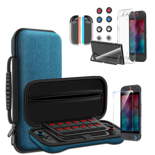 Switch2専用ケースSungale収納ケース+ガラス保護フィルム+スティックキャップ8枚+分体式設計PCカバー+TPUグリップカバー24ゲームカードスロット大容量収納バッグ耐衝撃防塵全面保護防水(ブル…