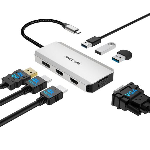 USBCドッキングステーション7イン1、4K60HzHDMIアダプター、HDMI2台、DisplayPort、VGAハブ4モニター、MacBook、Dell、HP、Lenovo用