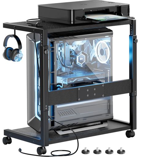 EKNITEYpcスタンド2段式パソコンラック昇降式CPUスタンド内蔵充電ポート付きパソコンワゴン360度移動キャスター付きpcラックケーブルの交換やホコリの清掃がしやすい耐荷重70kg家庭・オフ…