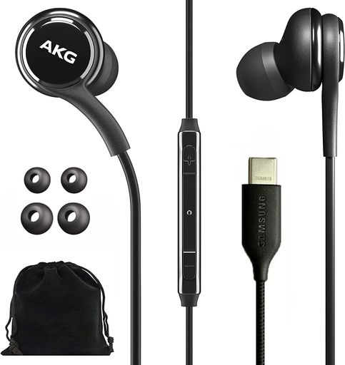 SAMSUNGAKGイヤホンGalaxyS23Ultra用-オリジナルUSBTypeCインイヤーイヤホンヘッドフォンリモコン&マイク付き-編組-ベルベットポーチ付き-ブラック