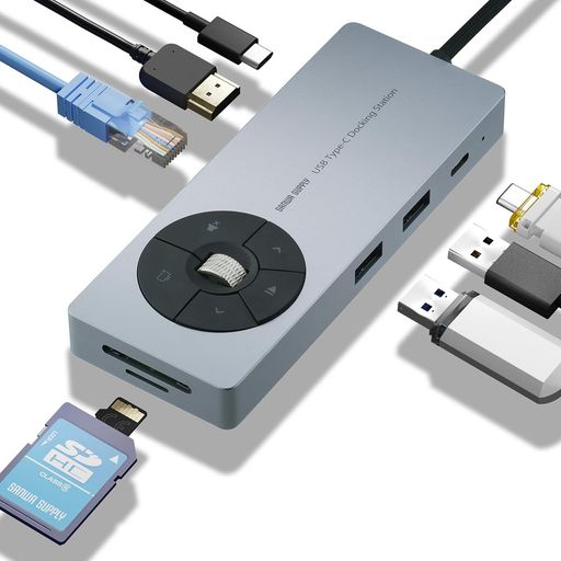 サンワダイレクトType-Cドッキングステーション「音量」「再生停止」「映像ONOFF」など6ボタン付きHDMI4K/PD100W/USB-C/SDmicroSD/Type-Ax2/LANケーブル長20cm8in15Gbps