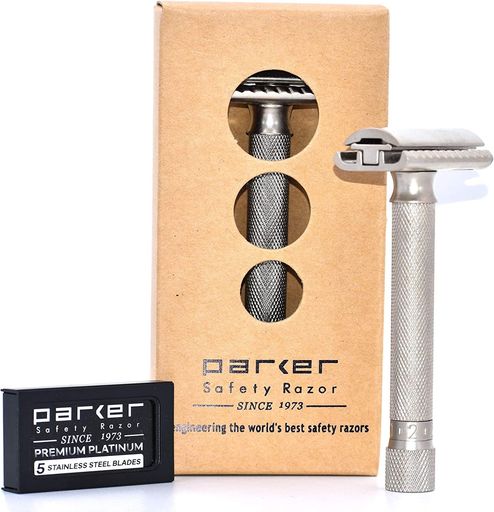 parkerT字カミソリメンズ両刃剃刀(マイルド・深剃りもできる5段階の調整可能/5枚替刃付き)髭剃り顔剃り(全長10cm/110g/真鍮素材クロームメッキ加工)パーカー
