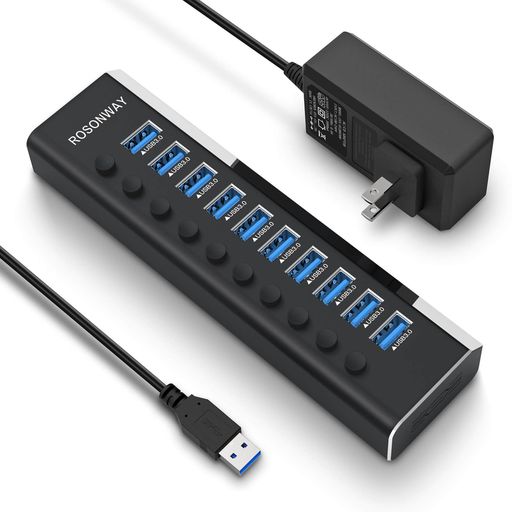 USB3.0ハブ電源付きROSONWAY10ポートUSBハブアルミ製でアップ5Gbps高速転送セルフパワーUSB拡張独立スイッチ付12V/3AACアダプタ付き(RSH-A10)