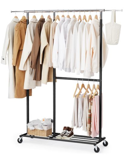 HOKEEPERハンガーラックパイプハンガーラック耐荷重150KG業務用大容量収納ラック物干しスタンド洋服ハンガー衣類収納棚付き縦横伸縮高さ調節可能(ブラック)