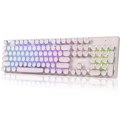 RedragonK710タイプライター風キーボード無線青軸テンキー付きフルサイズ英語配列(有線/BT/2.4G)ゲーミングメカニカルクリッキーRGBバックライトメタルパネルかわいいレトロ丸型キーパソコ…