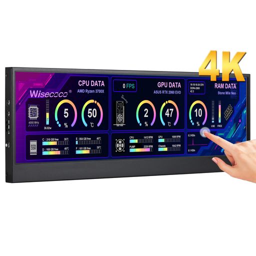 wisecoco 14インチ バータイプ液晶モニター 4K UHD IPS 3840x1100 タッチパネル搭載 スピーカー内蔵 PC CPU RAM HDDデータ表示 ミニHDMI搭載 縦横回転 10ポイントタッチ 60 Hz AIDA64用｜Serene Beauty 店