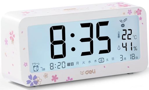 /Deli目覚まし時計電波時計メーカー2年保証桜の模様文字も大きくてみやすい乾電池式画面が明る温度計・湿度計付き多機能デジタル時計静音スヌーズ機能コンパクトでシンプルファッショ…