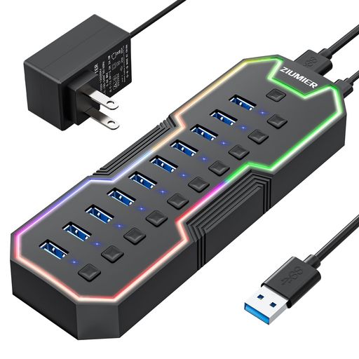 ZIUMIER電源USBハブ10ポートUSB3.0ハブRGBLEDストリップ付き12V/2A電源アダプターUSB延長MacBookMacProMacminiiMacSurfaceProXPSPCフラッシュドライブ