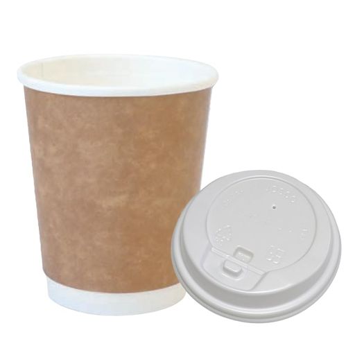 【285ml白リッド付き25個セット】カフェコミ断熱耐熱ダブルウォール紙コップクラフト白リッド付き25個セット画像