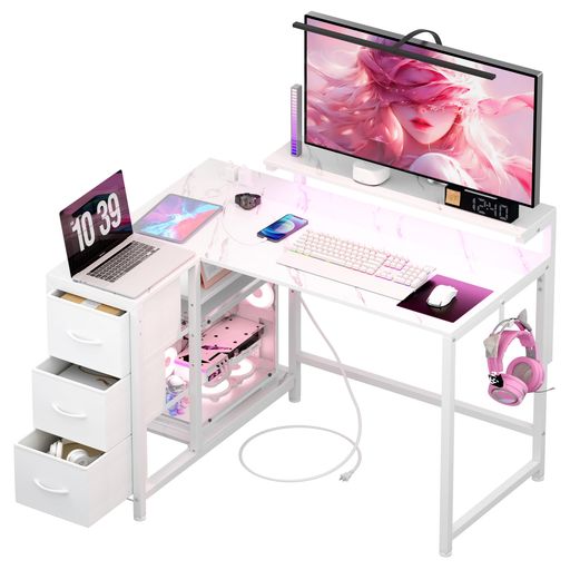 LunarLight パソコンマイコン事務机 幅108奥ふかさ80高さ71.8糎 テレ細工物 L型事務机・決定づける組み換え親しさ 3段合わせる管する台(10~33.5糎相応う) 抽き出しと差し込み付き添い人 納める其れは其れは ゲーミングデスク オフ…