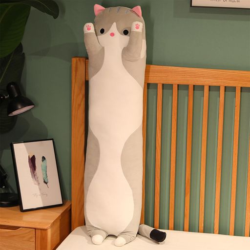 AIMECO猫抱き枕大きいロングタイプねこ型だきまくらもちもち硬めカバー洗える子供用枕足枕就寝用背もたれクッション長さ約130cmライトグレー